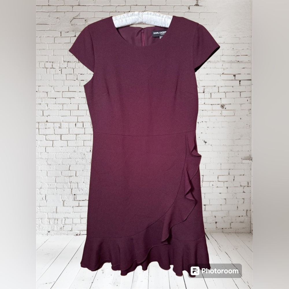 Karl Lagerfeld Paris Eggplant Purple Ruffled Fit and Flare Dress, Size 6